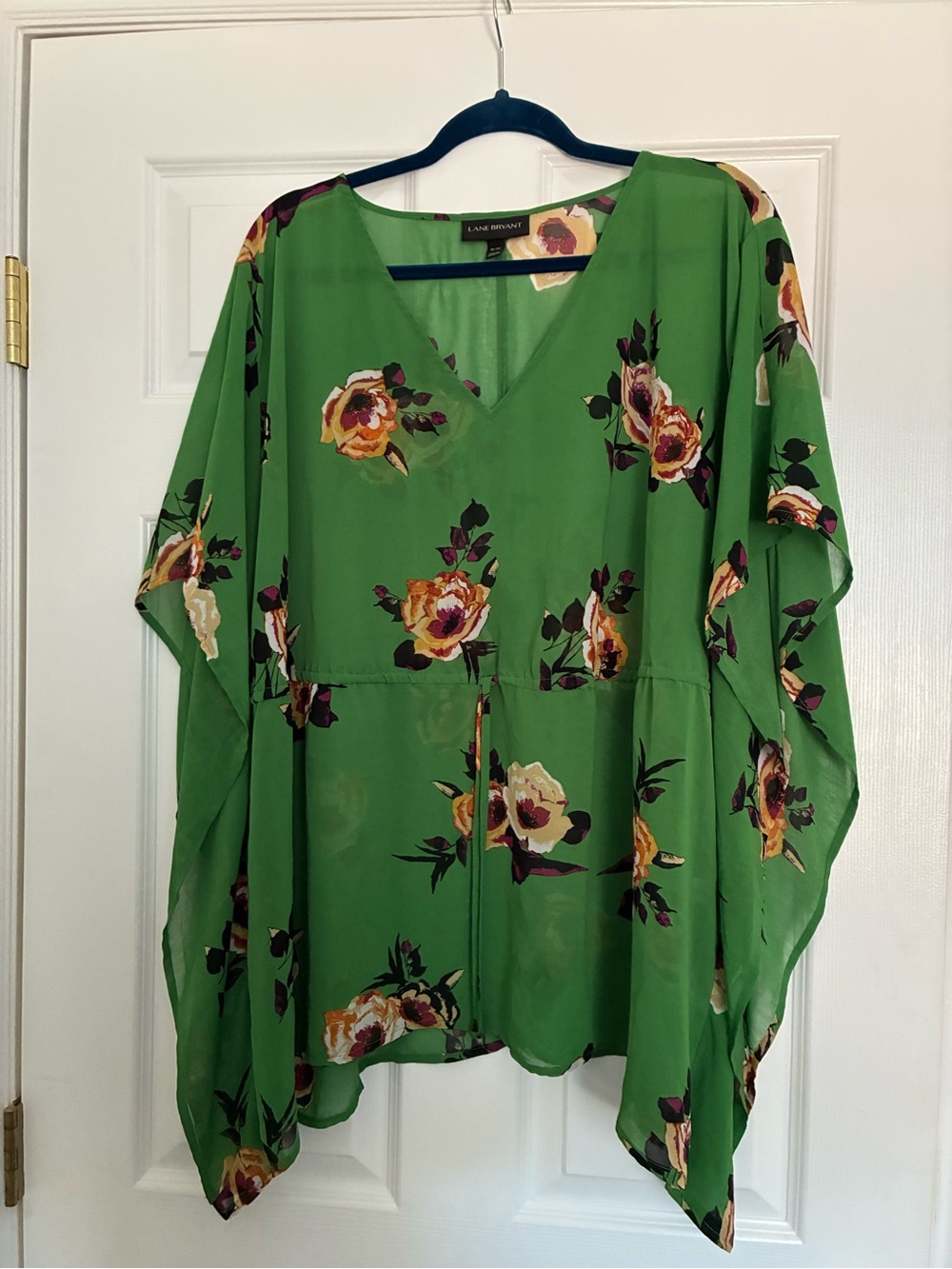 Lane Bryant Green Floral Drawstring V-Neck Tunic